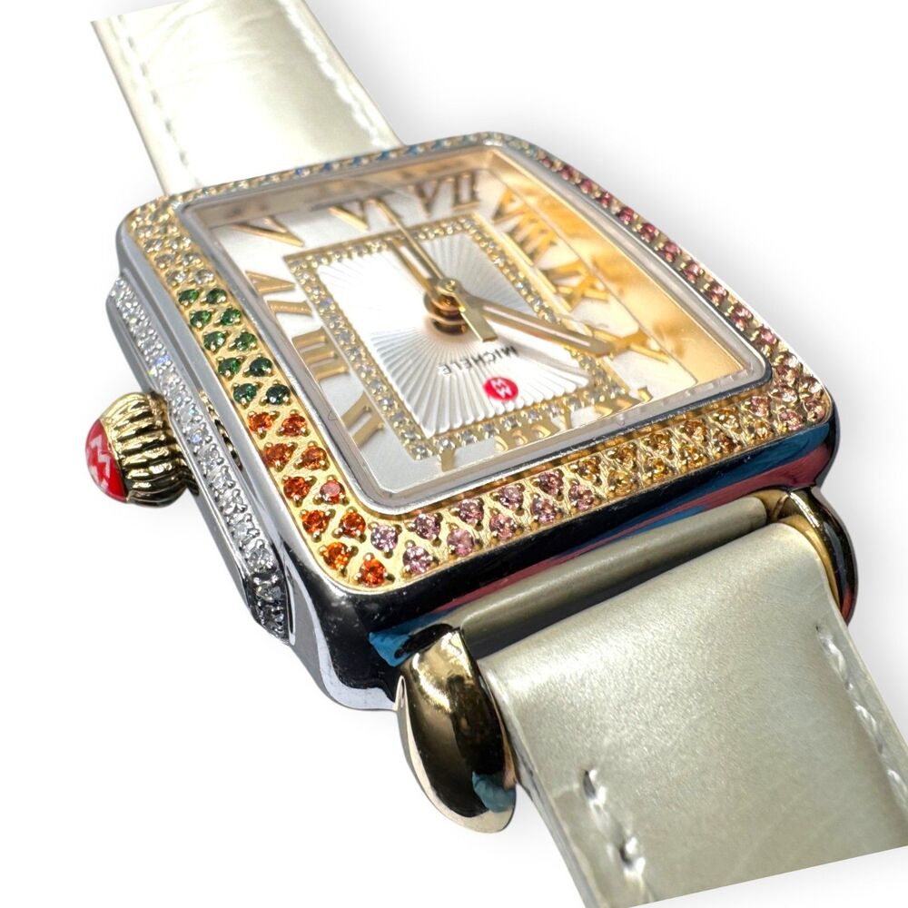 Rare MICHELE Deco Madison Mid Carousel Two-Tone Rainbow Topaz Diamond Watch - Picture 5 of 15